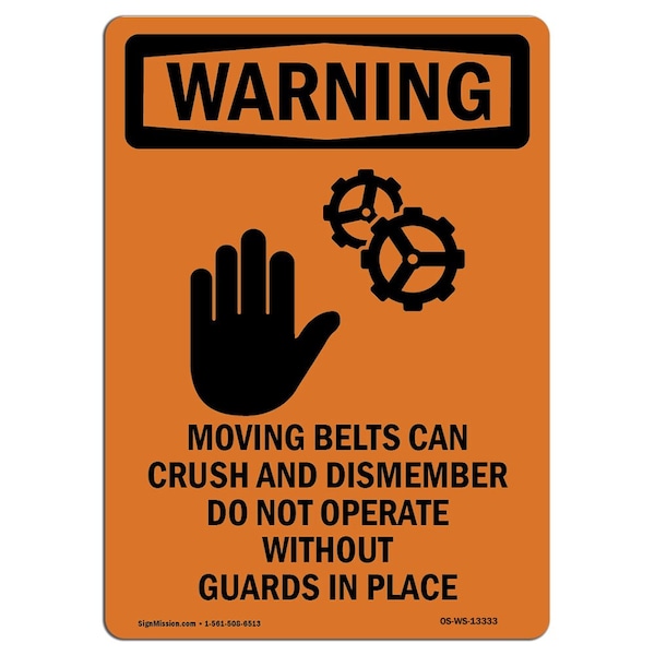 OSHA WARNING Sign, Moving Belts Can Crush W/ Symbol, 14in X 10in Aluminum, 10" W, 14" L, Portrait